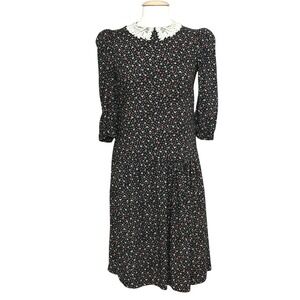 VTG 80s 90s Womens Dress 10 Ditsy Floral Lace Peter Pan Collar Modest Prairie